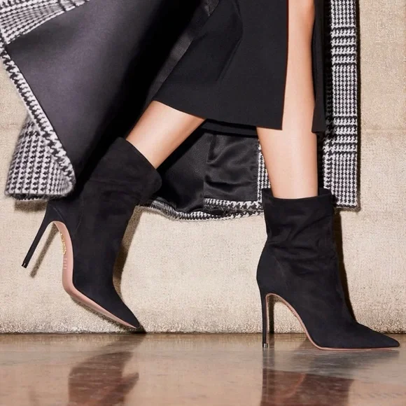 Aquazzura Boots Women 38.5 US 8 Matignon Black Suede Leather Stiletto Heel Booti